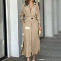 Abito a camicia lungo kaki a maniche lunghe con vita sciancrata e spacco laterale - Taglia S / Albicocca