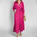Abito lungo elegante rosa rosso a maniche lunghe con scollo a V e spacco laterale - Taglia S / Rosso rosa
