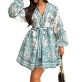 Bohemian paisley print V-neck dress in white and green with puff sleeves and waist tie - M / As Shown