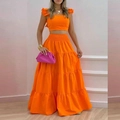 Set donna arancione con crop top a volant e gonna lunga a balze stile torta a strati - S / Arancione