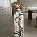 Completo con top a spalle scoperte e pantaloni a gamba larga con stampa floreale verde - 3XL / Top E Pantaloni / Bianco Foglie