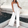 Eleganter weißer Jumpsuit mit weitem Bein, gerafftem Oberteil und schmalen Trägern - S / Weiß
