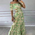 Women's off-shoulder floral maxi dress with tropical print, cutout waist and tiered ruffles - S / Green