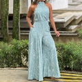 Tuta elegante verde menta senza maniche con stampa astratta e gamba larga a palazzo - Taglia S / Blu