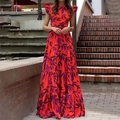 Elegante abito lungo arancione a fiori con maniche a volant e gonna a balze estiva - 3XL / Rosso Floreale