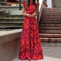Elegant orange floral maxi dress with ruffle sleeves and tiered skirt for summer - 3XL / Red Floral