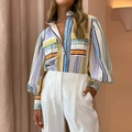 Detail of multi-colored striped shirt with lantern sleeves and button-down chest pockets - S / White Purple Striped