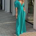 Elegant turquoise V-neck jumpsuit with puff sleeves and wide legs for women's fashion - S / Green