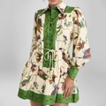 Mini abito vintage floreale con colletto a camicia e coulisse in vita per la primavera - 3XL / Stampa Floreale Uccelli Beige