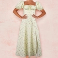 Vestido midi floral amarillo claro con mangas abullonadas y una elegante abertura lateral - S / Floral Amarillo Pálido