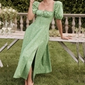 Floral slit midi dress with puff sleeves and square neck in green pastoral style - S / Green Yellow Floral