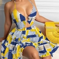Floral halter neck cutout tiered dress with tiered ruffles and vibrant geometric patterns - S / Blue-Yellow