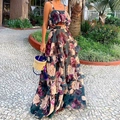 Bohemian tweedelige bloemenset met haltertop en gelaagde maxi-rok in diep blauwgroen - S / Donkerblauw