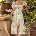 Floral slit dress in white with blue flowers featuring puff sleeves and a side slit - S / Blue Yellow Floral