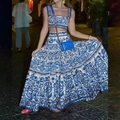 Elegant two-piece set with blue and white majolica print square neck top and maxi skirt - 3XL / Blue Floral Print
