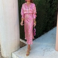 Elegante completo camicia e gonna midi in raso rosa fucsia con stampa animale dorata - Taglia S / Top E Pantaloni / Rosa