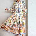 Robe longue à manches lanterne avec imprimé fruits tropicaux et crustacés et cordon - 3XL / Imprimé Fruits et Fruits de Mer Tropicaux sur Fond Blanc (24537)