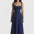 Detail of navy blue corset dress showing the delicate ribbon bow and pleated neckline - 3XL / Solid Blue