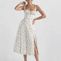 Detail of floral spaghetti strap dress with lace trim and elegant front drawstring - 3XL / White Floral Print