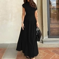 Elegant high-waist black pleated maxi dress with standing collar and short sleeves - 3XL / Black