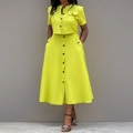 Women's 2-piece commuter set featuring short sleeve button-up top and maxi skirt in neon green - 3XL / Yellow
