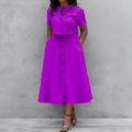 Bright purple two-piece women's set with short sleeve buttoned top and high waist A-line skirt - 3XL / Purple