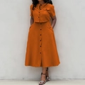 Elegant two-piece orange short sleeve button-up top and high-waist A-line skirt set - 3XL / Brown