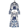 Women's two-piece set with blue palm print cropped shirt and high waist long A-line skirt - 3XL / Blue White Print