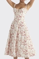 Floral A-line midi dress with pink rose patterns and front tie detailing - 3XL / White with Red Print