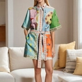 Robe femme imprimé floral et poker avec col à revers et ceinture nouée pour le printemps - 3XL / Imprimé Cartes à Jouer (28427)