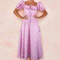 Pink floral print dress featuring puff sleeves and an elegant square neckline - 3XL / Pink Small Flower