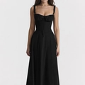Elegant black corset-style long dress with a square neckline and ruched bodice detail - 3XL / Tops / Black