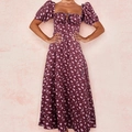 French style floral dress in deep purple with puff sleeves and lace-up neck detail - 3XL / Burgundy