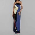 Strapless maxi-jurk in zwart met blauwe artistieke prints en calla lelie patroon - 3XL / Blauw