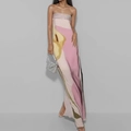 Sleeveless strapless maxi dress with colorful abstract floral print in slim fit style - 3XL / White Pink