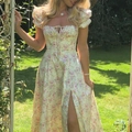 French floral split maxi dress in yellow with puff sleeves and lace-up back detail - 3XL / Light Apricot Pink Floral