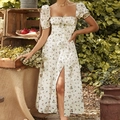 Romantic floral slit maxi dress in cream white with puff sleeves and square neckline - 3XL / Top And Bottom / White Pink Flower