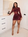 Detail of burgundy ruched bodycon dress with sheer mesh sleeves and sequins - S / Red