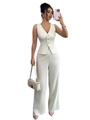 Women's two-piece set featuring sleeveless V-neck vest and high-waist wide-leg pants in pearl white - S / White