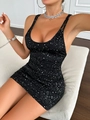 Sexy zwarte nauwsluitende mini-jurk met sterrenprint en dunne bandjes voor feestjes - XS / Zwart
