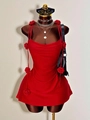 Detail of red backless mini dress with 3D floral accents and cowl neck on mannequin - S / Red