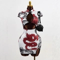 Mini abito cheongsam bianco con stampa drago, scollo a goccia e design dalla linea aderente - S / Rosso & Bianco