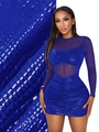 Royal blue bodycon mini dress with sheer mesh long sleeves and ruched metallic fabric - S / Blue