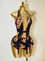 Women's halter deep V-neck bodysuit with black fabric and flame print challenge design - S / Black