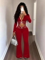 Dettagli del completo a due pezzi rosso scuro con crop top a V e pantaloni svasati a zampa - S / Rosso