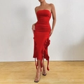 Elegant red strapless ruched slim dress with asymmetrical ruffled hem detail - S / Red