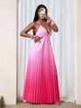 Elegant halter neck pleated maxi dress with pink gradient and waist cutouts - S / Pink