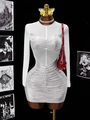Silver snakeskin print dress with white mesh sleeves and bodycon ruched silhouette - S / Silver