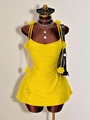 Elegant yellow mini dress with 3D rose flower appliqués and open back design - Yellow