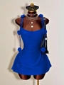 Dark blue mini knitted dress with 3D floral accents and elegant spaghetti straps - S / Blue